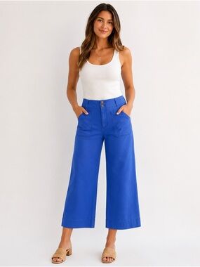 Lauren Conrad Size 14 Blue Cropped Wide Leg Pants High Rise Patch Pocket Stretch